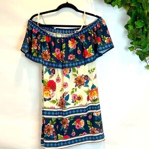 Blue Rain Floral Mini Off Shoulder Dress